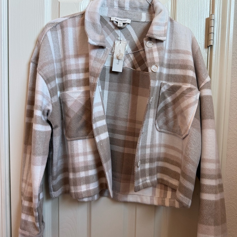Francesca's Collections Beige and White Plaid Shirt